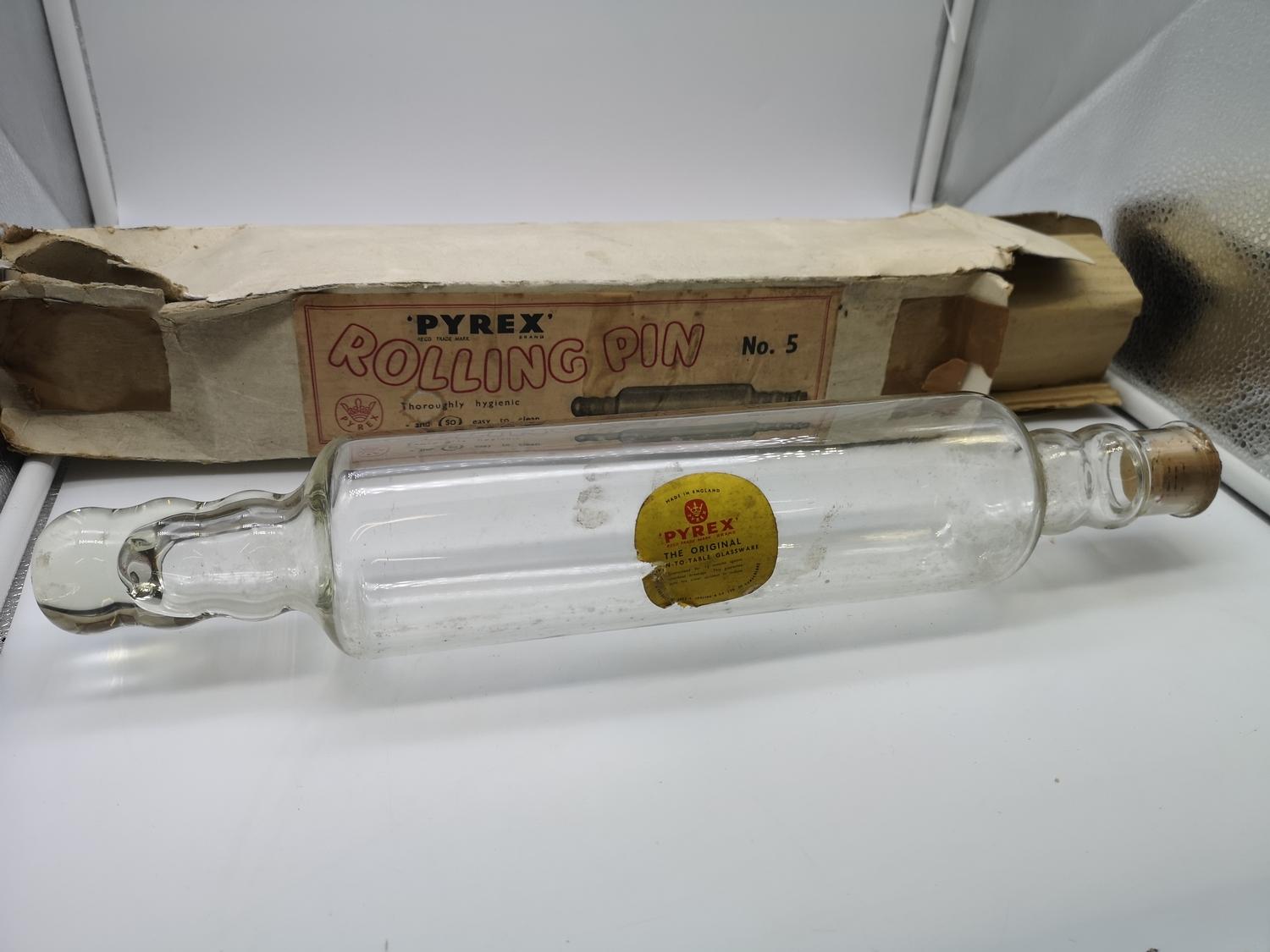 Pyrex glass rolling pin with cork stopper end and original box, together with a wooden rolling pin - Image 2 of 2