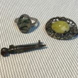 Silver Small agate and amethyst dirk brooch, Silver and yellow agate stone brooch & Silver and green