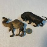 Antique Bronze cold painted bull figure together with a cold painted bronze camel figure (leg