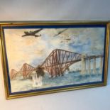 Original watercolour of the fourth rail bridge during WW2 bombing raids. Frame measures 49x74cm