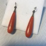 A Pair of antique gilt metal and genuine coral drop earrings. Measure 4cm long (drop and gilt
