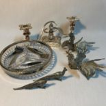 A Lot of silver plated items includes a pair of fighting cockerels, pheasants and candelabra