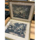 Two Victorian engraving prints titled 'Sailors Conversation & Morland's Land-Storm' Engraved by W