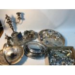 A Collection of silver plated and E.P wares which includes ornate swing handle basket, Two ornate