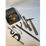 Vintage Primus stove, Two gauges, Unusual hammer and three other tools.