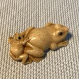 A Japanese Meiji period netsuke detailing two frogs designed with black bead eyes, Signed by the