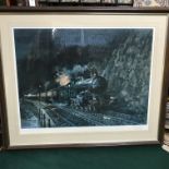 Limited edition print after T Cuneo depicting steam train at night with mouse on the fence post.