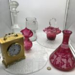 A Lot of vintage and antique art glass together with a vintage brass Angelus battery carriage clock.