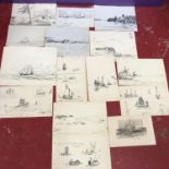 A collection of original drawings depicting various sea scape and nautical scenes. Drawn by R.