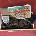 A Box of military collectables which includes R.A.F Jacket, Gurkha knife, Girls Guide belt and two