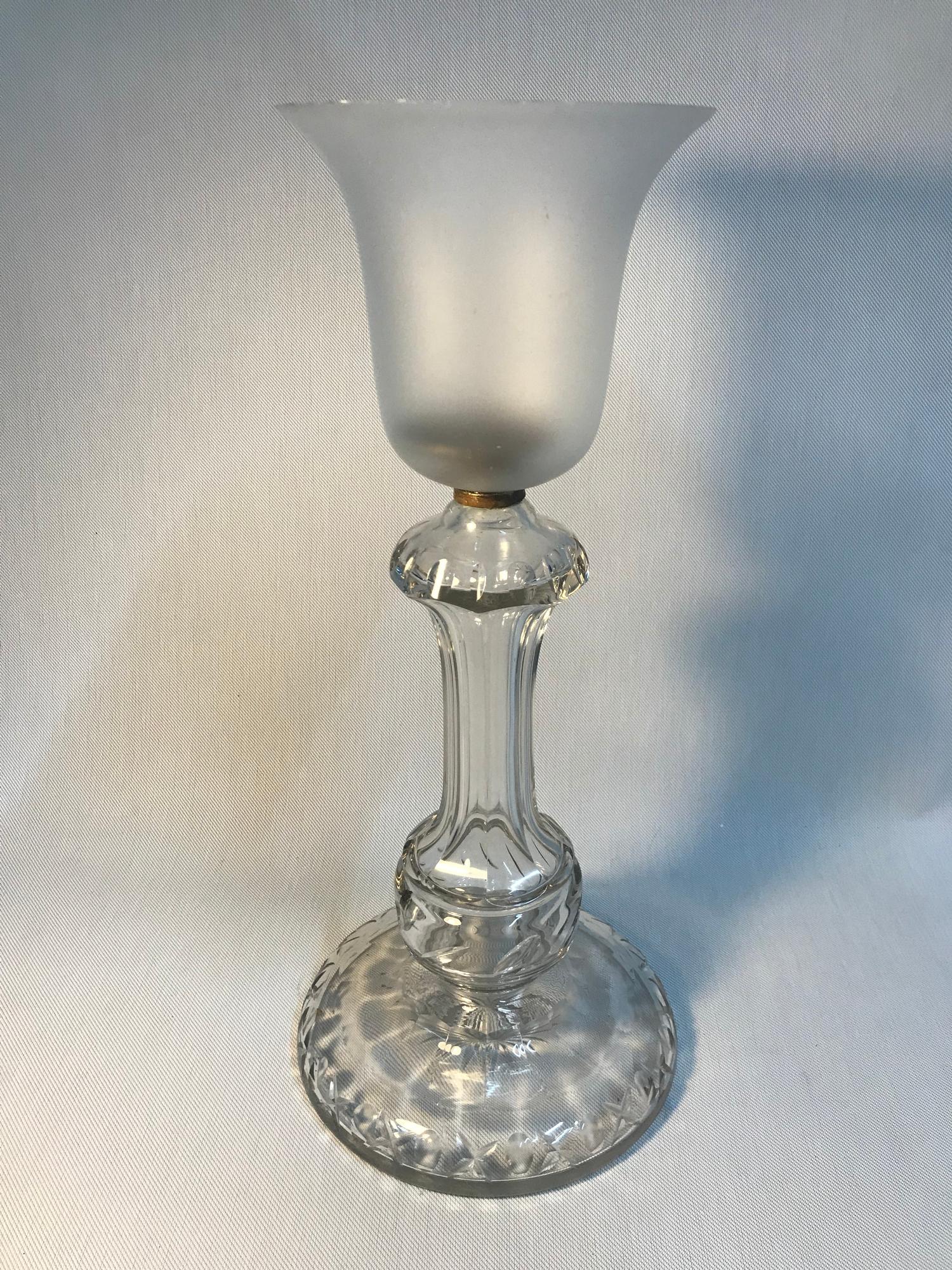 A Victorian cut crystal base with frosted glass shade candle holder, measures 43cm in height