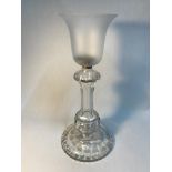 A Victorian cut crystal base with frosted glass shade candle holder, measures 43cm in height