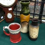 A Lot of three West German retro porcelain vases and large red and white mug. Large vase measures