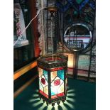 Antique Hexagonal brass and stain glass porch lantern or hall way lantern. In a working condition.
