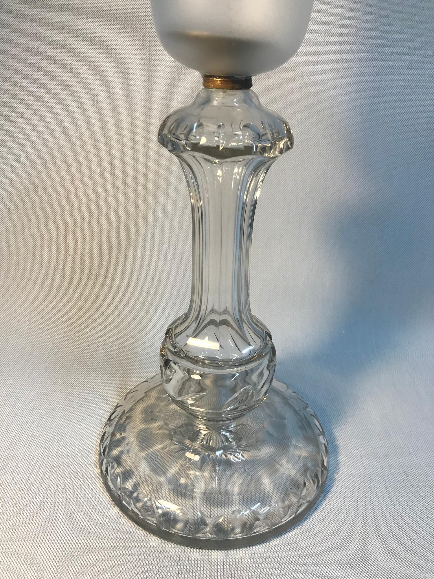 A Victorian cut crystal base with frosted glass shade candle holder, measures 43cm in height - Image 2 of 3