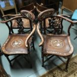 A Lot of Four matching Antique Oriental hardwood and mother of pearl inlaid corner chairs. The