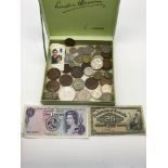 A Lot of mixed world coins and two vintage bank notes includes Isle of Man Government One Pound note