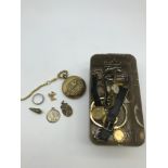 A Selection of vintage costume jewellery, Scrap gold chain, silver St. Christopher, ring and