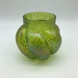 Loetz Art Nouveau Iridescent green glass bulbous swirl vase. Measures 12cm in height