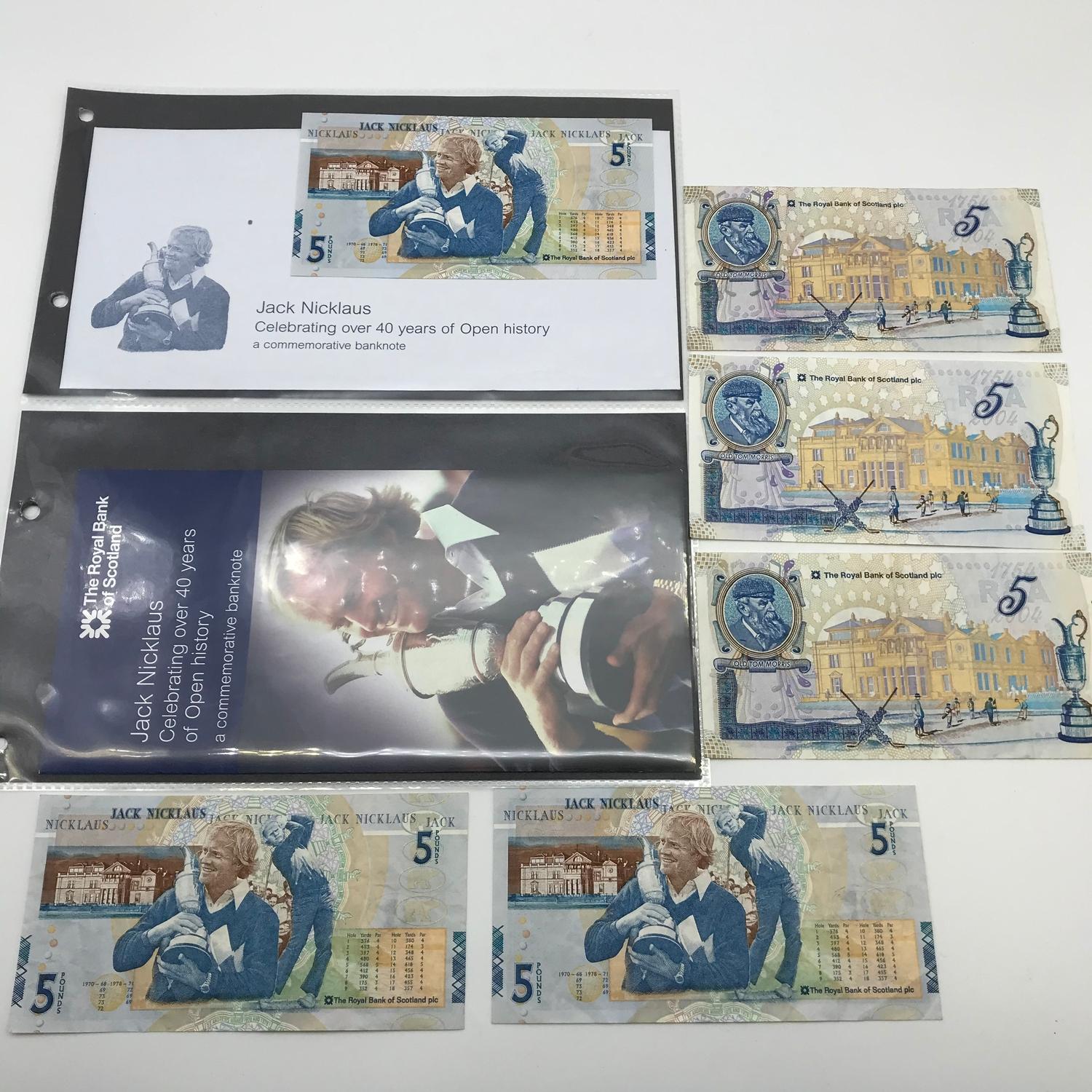 A Lot of three Jack Nicklaus £5 bank notes together with three Old Tom Morris £5 bank notes.