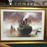 A Large limited edition 113/195 canvas print depicting a cargo ship in the mist, Signed Kelly