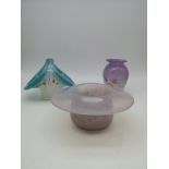 A lot of three Vasart glass pieces to include a lilac tone vase, a blue tone basket & a pale pink