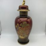 A Large Carlton Ware Rouge Royale Chinese hand painted pagoda scene preserve vase with lid. Measures