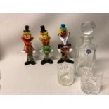 A lot of 3 glass Murano clowns. Together with an Edinburgh Crystal decanter and 2 glasses - one with