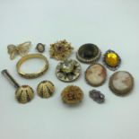 A Lot of vintage brooches to include silver and cameo carved brooches, Silver and cameo carved ring,