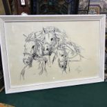 A Pen etching of three horses titled "Wild and Free" by J Robertson and dated 20.1.73. Studied