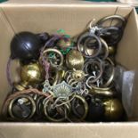 A Box containing a quantity of curtain hoops, ends, and various light fitments etc