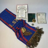 Antique masonic sash, Medal and two id cards.