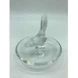 A Vintage lalique pheasant design pin dish. Signed to the base. Measures 9cm in height