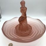 An Art Deco large pink frosted glass centre piece bowl with women figure, Bowl measures 30cm in