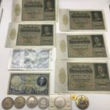 A Lot of vintage bank notes and coins, Includes 5 1922 Reichsbanknote, National commercial bank of