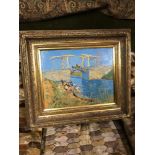 A Large gilt framed oil o graph of The Langlois bridge at Arles by Vincent Van Gogh.