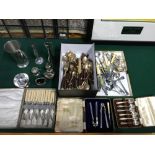 A selection of loose and canteens of cutlery, Also includes condiment set, Pewter stein and vases.