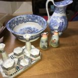 A Victorian blue and white wash bowl and jug, Art Deco style dressing table set and a pair of