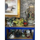 Two shelves of collectable Studio pottery, Include studio pottery trio candle holder tazza, Signed