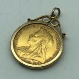 1899 Full Gold Sovereign, In a fitted 9ct gold pendant holder. Can be removed.