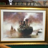 A Large limited edition 113/195 canvas print depicting a cargo ship in the mist, Signed Kelly in
