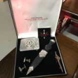A Masonic Sgian Dubh set which includes belt buckle, cuff links and cuff links.