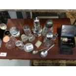 A Collection of silver plate, EP Sugar sifters and cruets pots, Vintage stamp, Plated menu holder