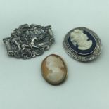 925 Silver and Wedgwood cameo brooch, gilt metal and carved cameo brooch and French white metal