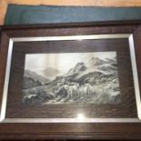 Antique Highland cow and landscape black and white print, within an oak frame.