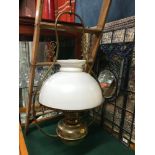 A Large Victorian Veritas centre draft hanging oil lamp with original opal shade, Chimney & flame