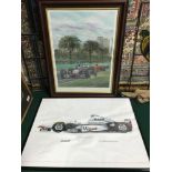 A Lot of two vintage racing F1 Prints, One titled "Great Scot" by John Saunders signed in pencil