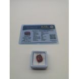 Gemelogical Institute of Laboratory Natural Red Ruby 12.30ct stone. Cushion cut. Comes with