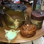 A lot of odds to include brown glazed preserve pot, brass coal bucket, hand painted dish and