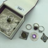 A Lot of silver sterling jewellery and various costume. Includes 3 silver rings, Silver cameo brooch